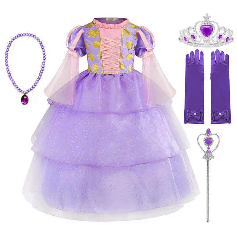 VOGUEON Girls Rapunzel Princess Dress Up Clothes Flared Sleeve Layered Party Costume Children Halloween Tangled Fancy Frocks | Детская