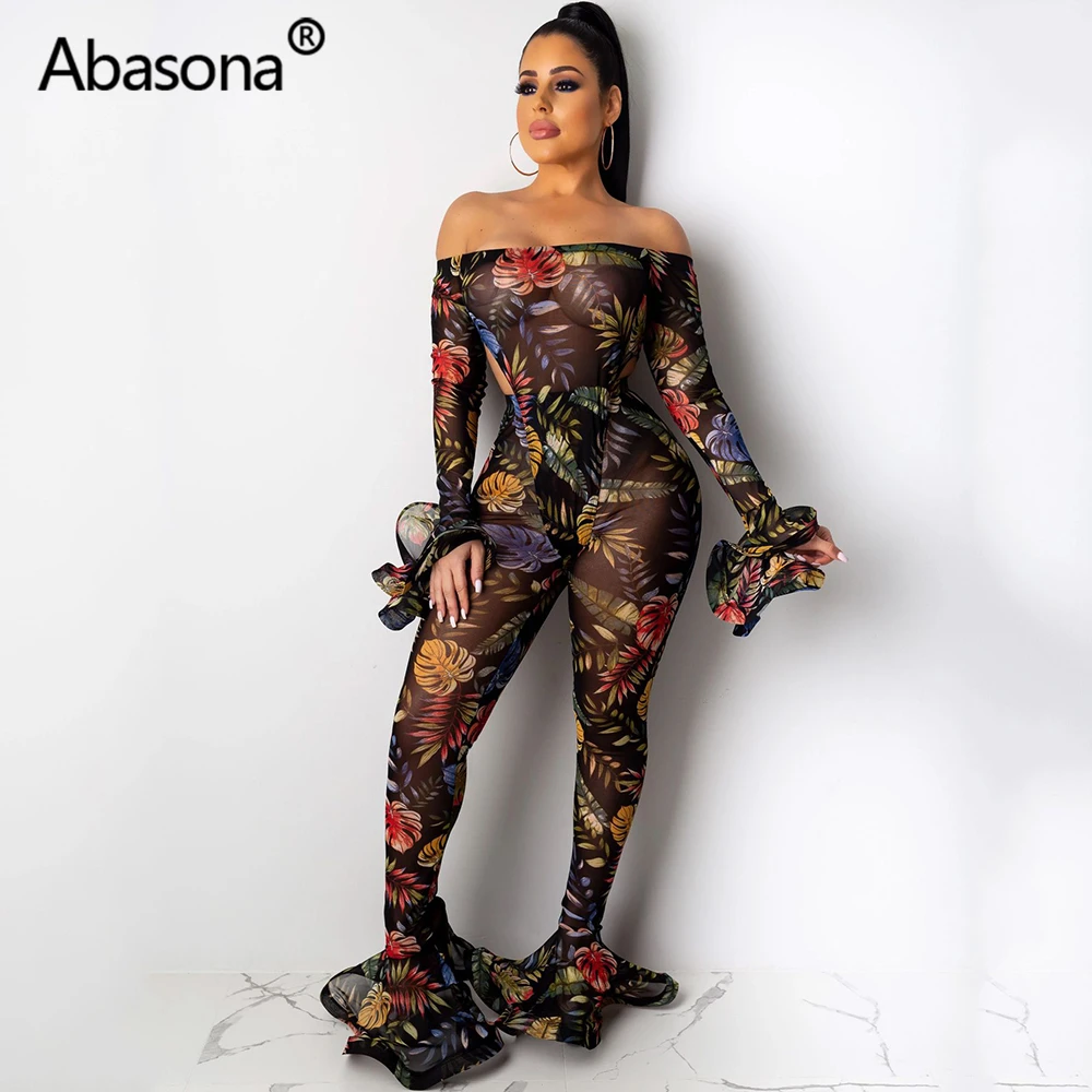 Abasona, Осень-зима, прозрачный сетчатый комбинезон с длинным рукавом, комплект из 2 предметов, сексуальный Облегающий комбинезон, женский комбинезон, длинные штаны, вечерние, одежда для ночного клуба