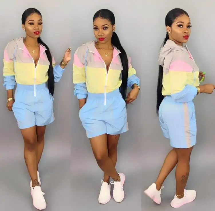 women summer zipper up hooded colorful patchwork short Sunscreen jumpsuit sports romper playsuit 3 color tracksuit DAJ4062 - Цвет: Небесно-голубой