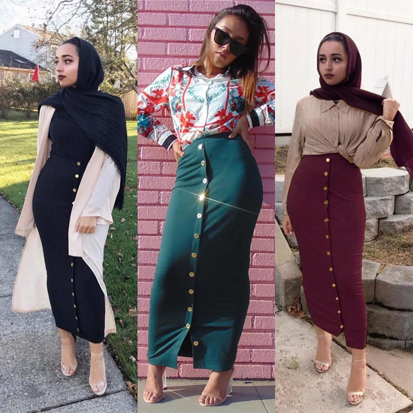 Cotton Woman Skinny Bodycon Pencil Skirt Solid Color Muslim Islamic Malaysia Female High Waist Split Tight Button Skirt Outfits Islamic Clothing Aliexpress