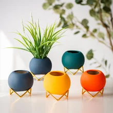 Small Ceramic Flower Pots And Planters with Gold Metal Stand 4 inch Coloful Cactus Succulents Potted Indoor Planter Pot Gift
