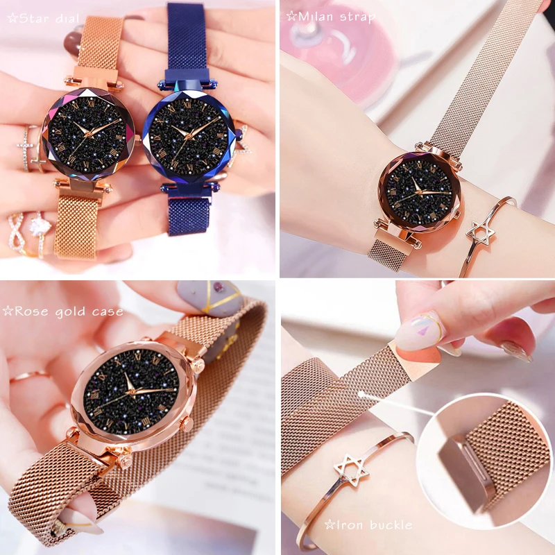 Relojes de pulsera de lujo con cielo estrellado para mujer, reloj de cuarzo con hebilla magnética, superficie geométrica, luminoso - Imagen 5