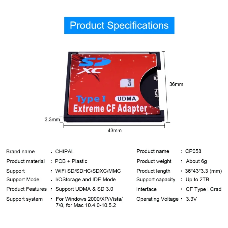 Professional SD to CF Card Adapter SDHC SDXC to 3.3mm Standard Compact Flash Type I Memory Card Reader Converter