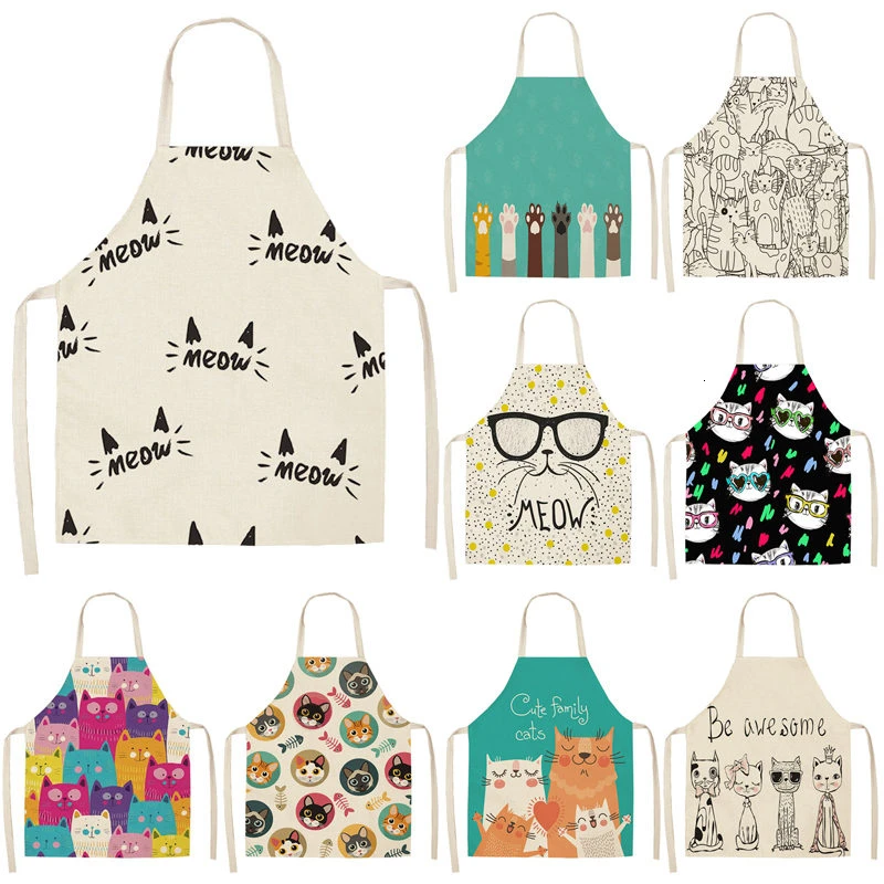 Lovely Cartoon Cats Kitchen Aprons for Women Cotton Linen Bibs Household Cleaning Pinafore Home Cooking Apron 53*65cm WQ0026