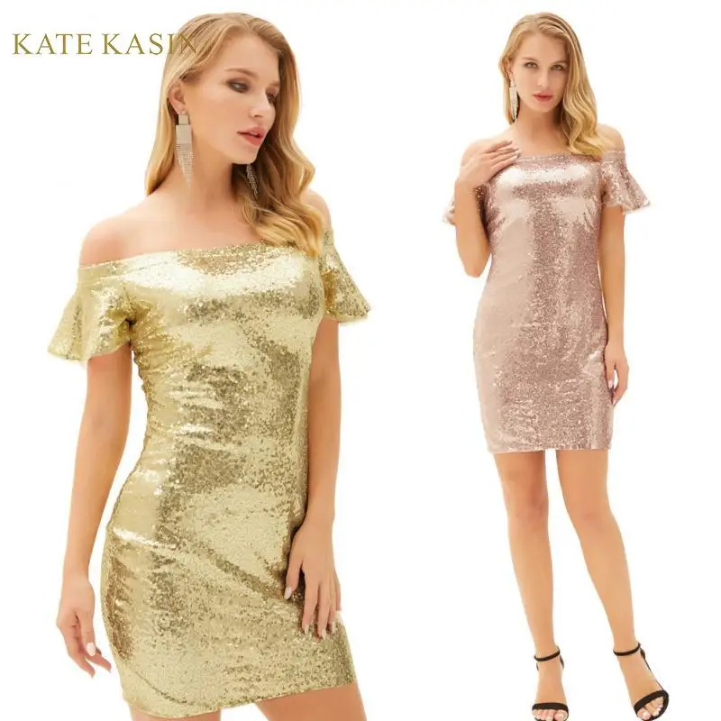 

Kate Kasin Sexy Bodycon Club Dress Women Off Shoulder Gold/Rose Gold Sequin Dresses Summer Short Mini Dress Pencil Party Dress
