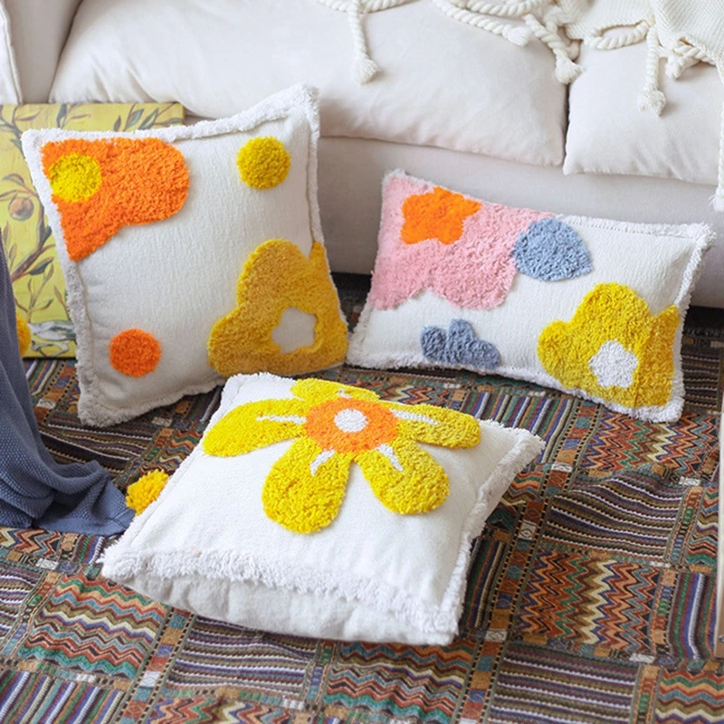 Cute Little Daisy Fluffy Sofa Pillowcase Nordic Style Geometric Flowers Pattern Decorative Pillows Case Waist Back Cushion Cover | Дом и сад