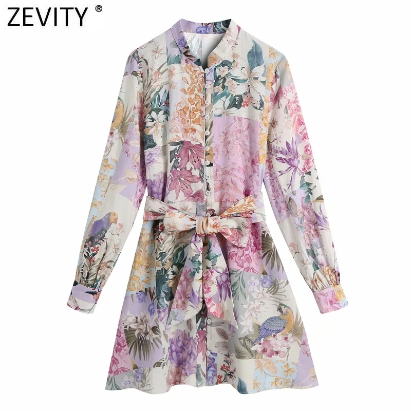 Zevity las mujeres cuello pecho arco fajas de pelo mujer florales de retales imprimir Vestidos Chic una línea Mini Vestidos DS8255