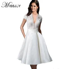 MISSJOY mujeres 2019 Encaje Vintage cuello pico manga corta Sexy longitud de la rodilla de La Noche de la boda Cocktail Party dama de honor vestidos de oscilación