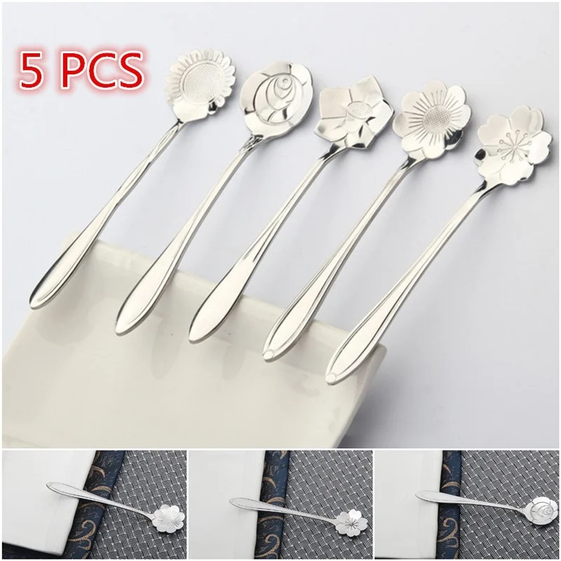 

5 Piece Stylist Stainless Steel Couple Cherry Blossom Measurement Stirring Tea Coffee Dessert Salt Sugar Spoon (No Box)