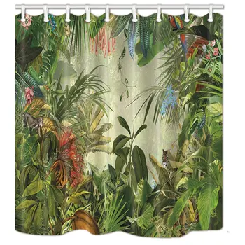 

Tropical Rainforest Decor, Animals in The Palm and Banana Leaves Bath Curtain, Polyester Fabric Green Plant Shower Curtains,