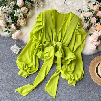 

Folds Lantern Sleeve Blouse Women Splicing Pleated Stereo Chiffon Shirt Ladies Blouse Casual Loose Blouses Tops Blusas Girl Lady