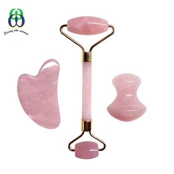 

Rose Quartz Face Thin Massager Natural Stone Guasha Board Jade Roller Pink Crystal Facial Scraper Jade Facial Roller Set