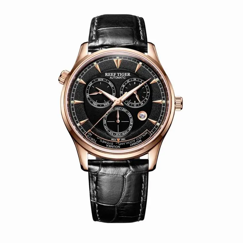Reef Tiger/RT World Time часы с датой день месяц розовое золото кожаный ремешок часы двойное время Мужские автоматические часы RGA1951 - Цвет: RGA1951PBB