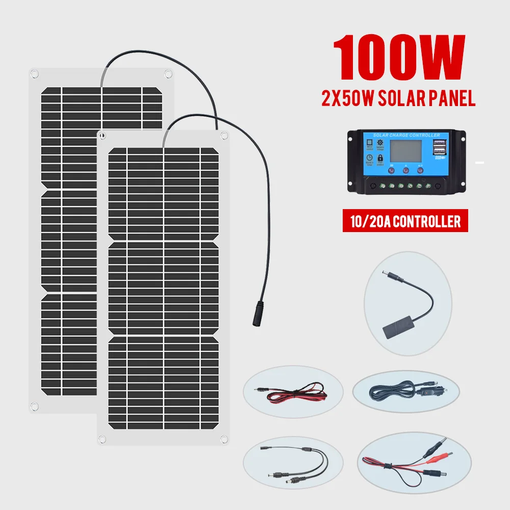 Solar Panel Kit  Pannello Solare Flessibile 12V 100W 50 W/H/Day Con Controller 10A 12V 24V Caricabatteria Da Auto Per Rv Car Boat Display Lcd Controll