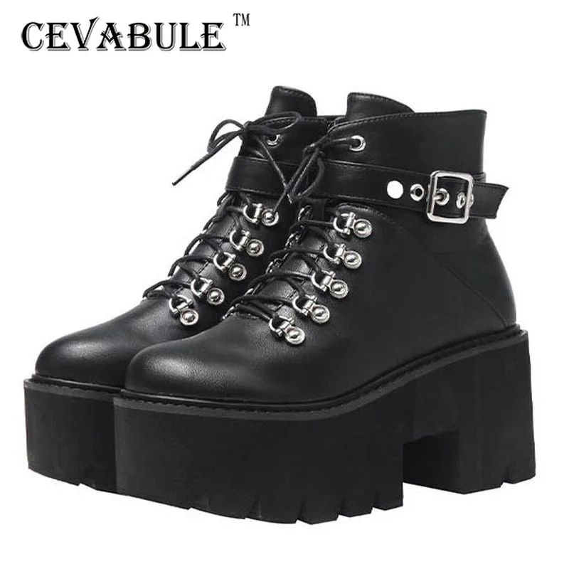 CEVABLUE Autumn And Winter New Thick Thick With Velvet Punk Patent Leather Chain Wedge High Heel Martin Boots JXQ-69-2