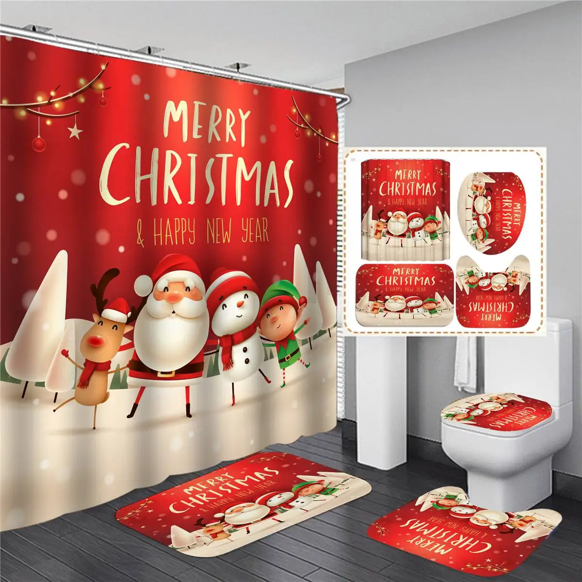 Xueqin 180x180cm Merry Christmas Print Shower Curtain Animals Bathing Floor Mat Set With 12 Hooks Waterproof Home Bathroom Decor
