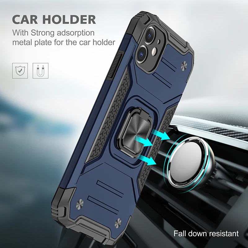 New Shockproof Armor Ring Case on For iPhone 12 11 Pro Max Mini XS X XR SE 2020 7 8 Plus Stand Magnetic Car Holder Cover Coque