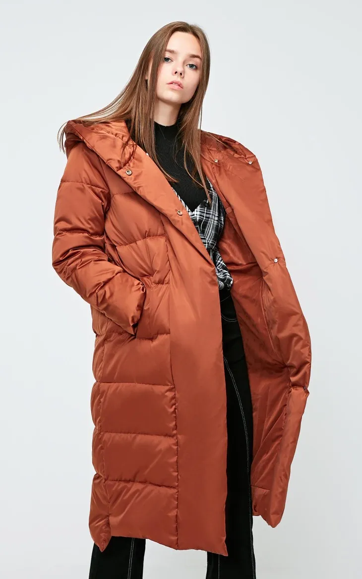 Vero Moda Women's Glossy Button Hooded Long Down Jacket | 318412508