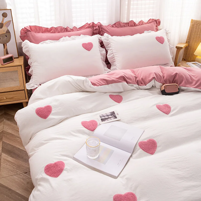 KoreanInsCuteBeddingSetRufflePillowcaseCottonFlatBedSheets