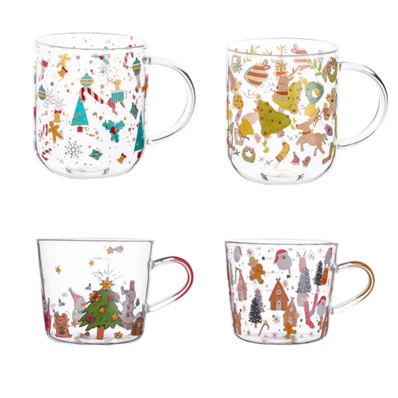 450/500ml Christmas Glass Mug with Handle Christmas Tree Coffee Water Tea Cup Heat Resistant Breakfast Milk Cup Children's Gifts