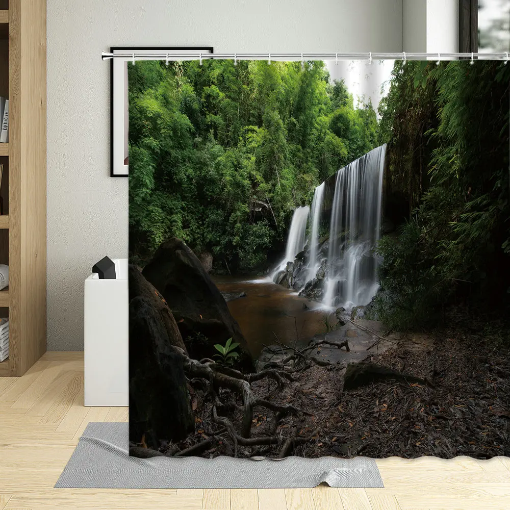 Scenery Shower Curtain, Waterfall Mountain In Forest Jungle Landscape