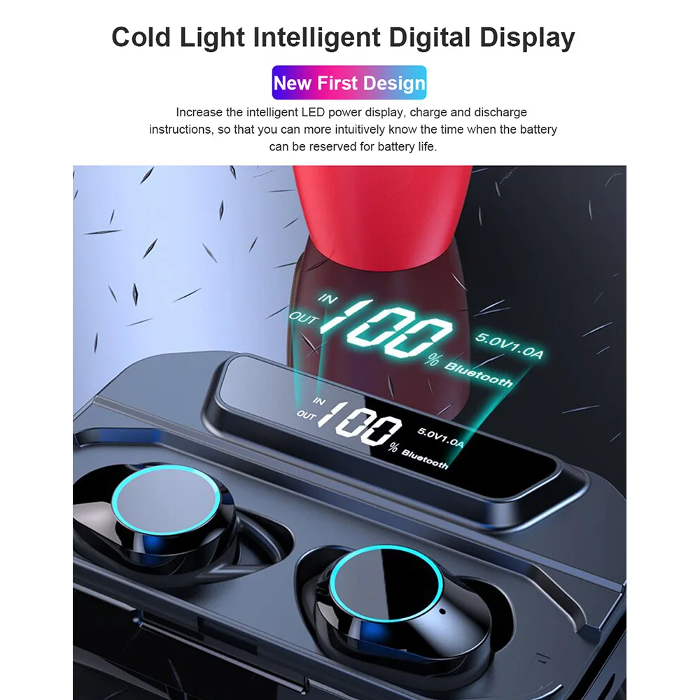 G02 Bluetooth Earphone 9D Stereo Wireless Earphones BT5.0 Twin IPX7 Waterproof Earphones 3300mAh LED Digital Smart Power Bank