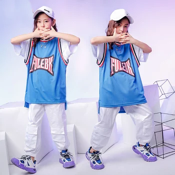 

Jazz Dance Costume Girls Hiphop Rave Outfit Blue Street Dance Practice Wear Stage Performance Kids Sport Clothing 2 Pcs DF1654