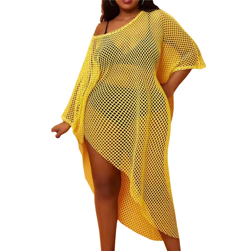 XL-4XL-Big-Size-Beach-Dress-For-Women-Yellow-Mesh-Hollow-Out-Beach ...