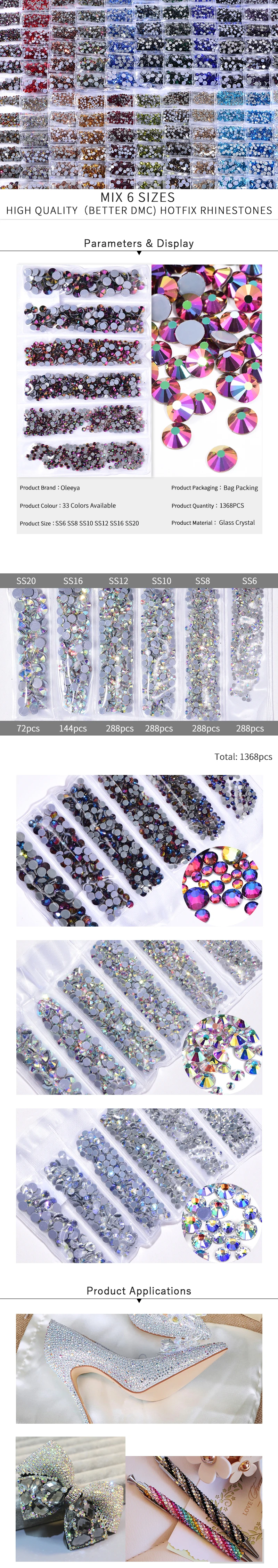 Mix 6 Sizes OLEEYA High Quality(Better DMC) Hot Fix rhinestones With intensive Glue