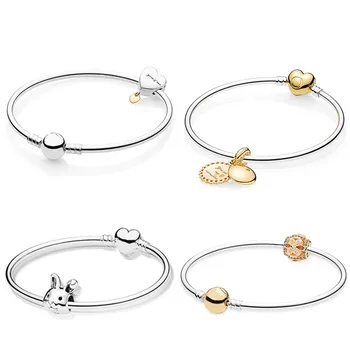 

2019 NEW 100% 925 Sterling Silver SHINE SUNSHINE HANGING GOLD COLOUR FRESCO Bead Twee Harten Rabbit Charm Heart Shape Bangle Set