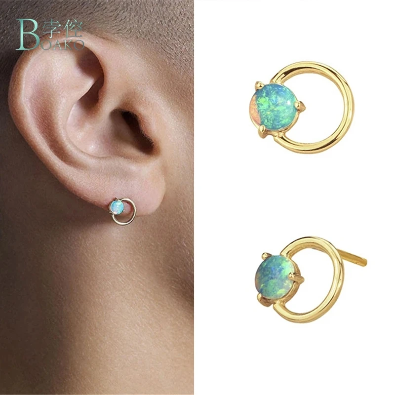 

BOAKO Round Circle Stud Earrings for Women Girls Fire Opal Earrings Gold Color Natural Stone Earrings 2019 Fashion Jewelry B40