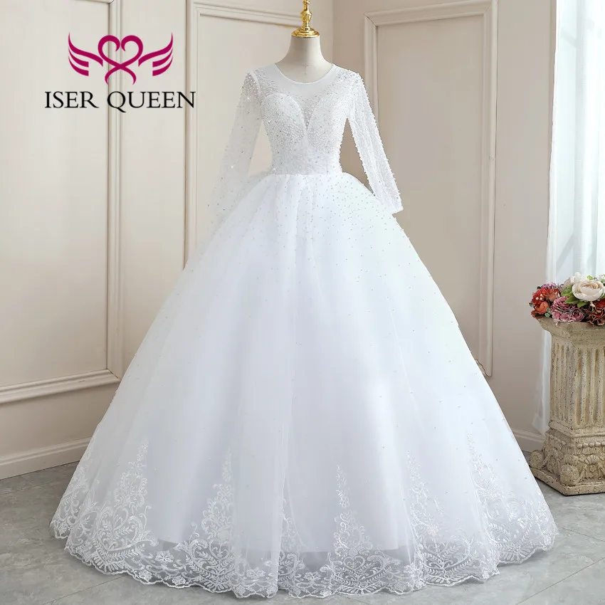 Long Sleeves Wedding Dresses For Women Pearls And Pearls Beading Plus Size Bride Dresses Europe
