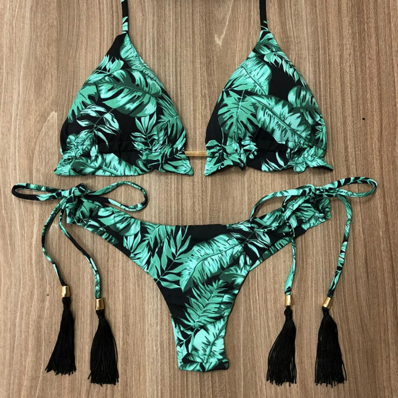 

Sexy String Brazilian Micro Bikini Tropical Leaves Print Swimsuit Thong 2 Pieces Swimwear Padded Halter Swimming Bathing Suit