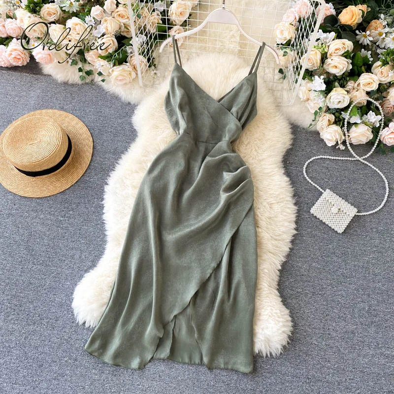 

Ordifree 2022 Summer Women Slip Satin Mini Dress Backless Draped Slit Sexy Club Party Shprt Dress