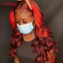 Asimey Red Ombre  Body Wave Lace Front  Wigs 32in Highlight Colored Human Hair Wig 180% Density Preplucked Virgin Remy For Women