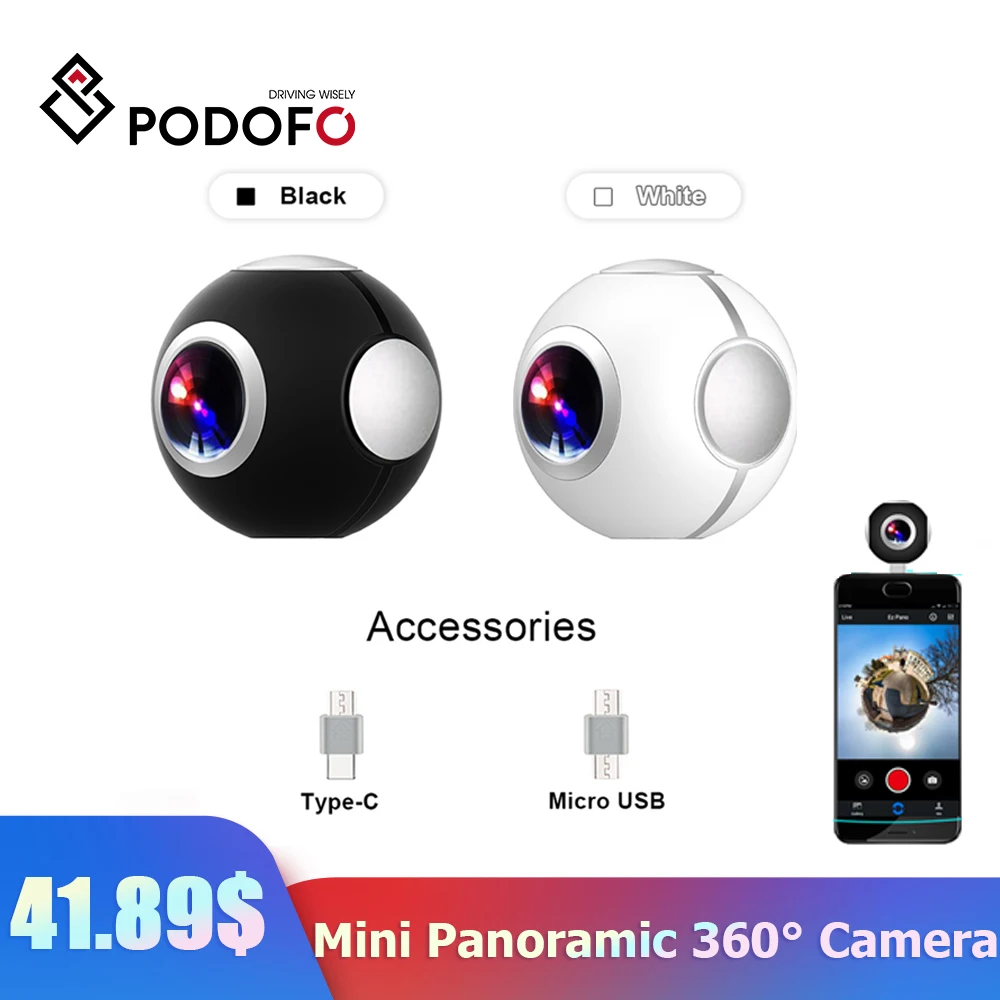 Podofo Мини HD панорамная 360 видеокамера Android широкоугольный двойной объектив рыбий