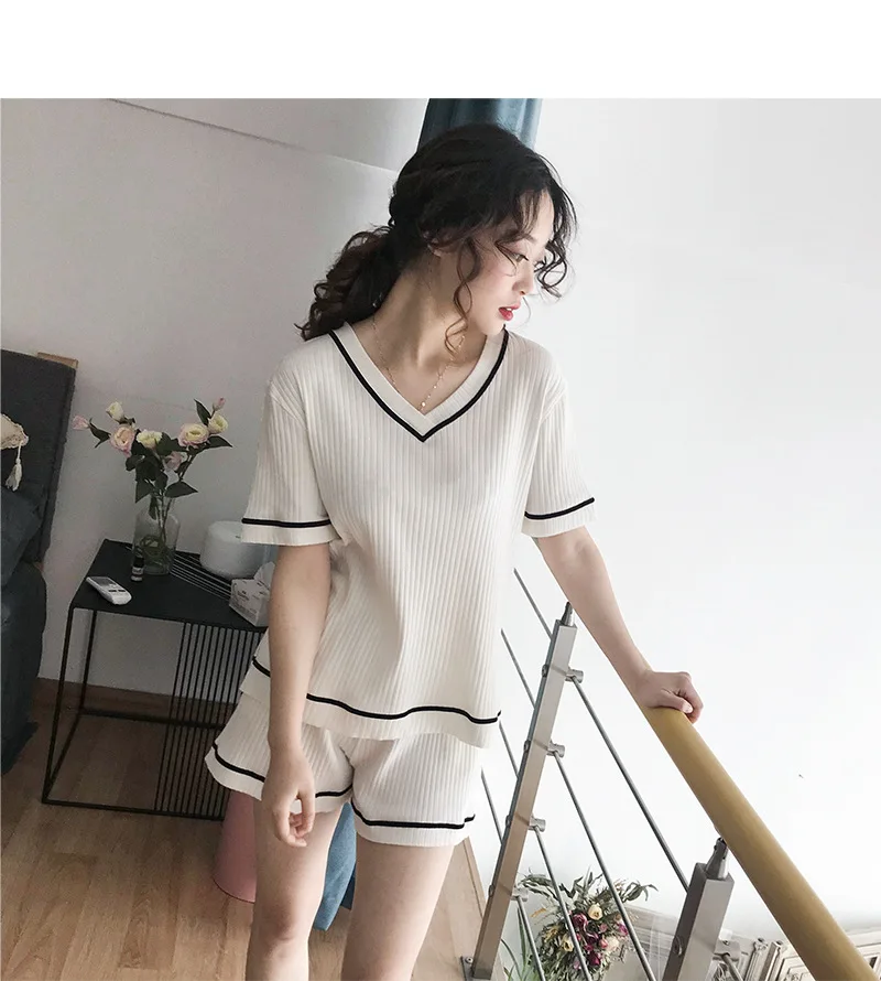 Summer New Korean Short Sleeved Pajama Set Women's V-Neck Pyjamas Striped Shorts Pijama Mujer Home Sleepwear 2-piece Set