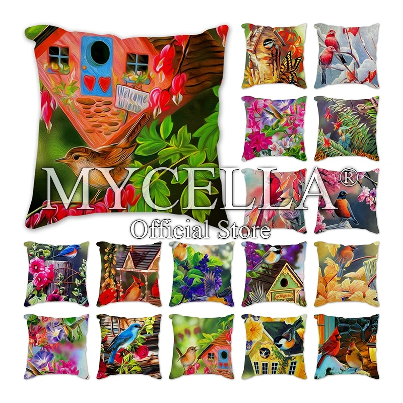 

Cushion Cover Flower Bird Aviary american cardinal Cotton Linen Pillowcase For Bedroom Chair Seat Throw Pillowcase Pillow Cover