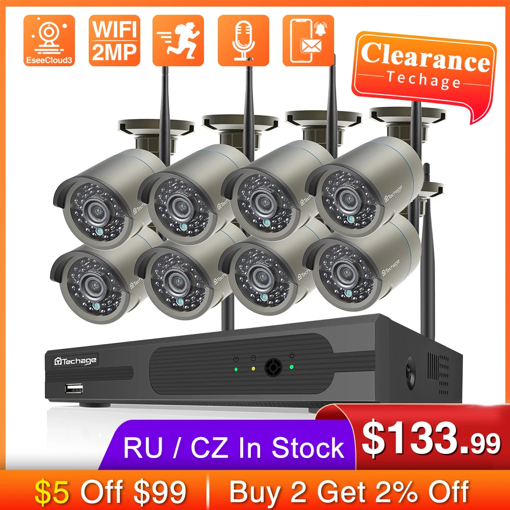 Techage H.265 8CH 2MP Wireless NVR Kit WiFi Home IP Camera Outdoor Waterproof Security Camera P2P Video CCTV Surveillance System