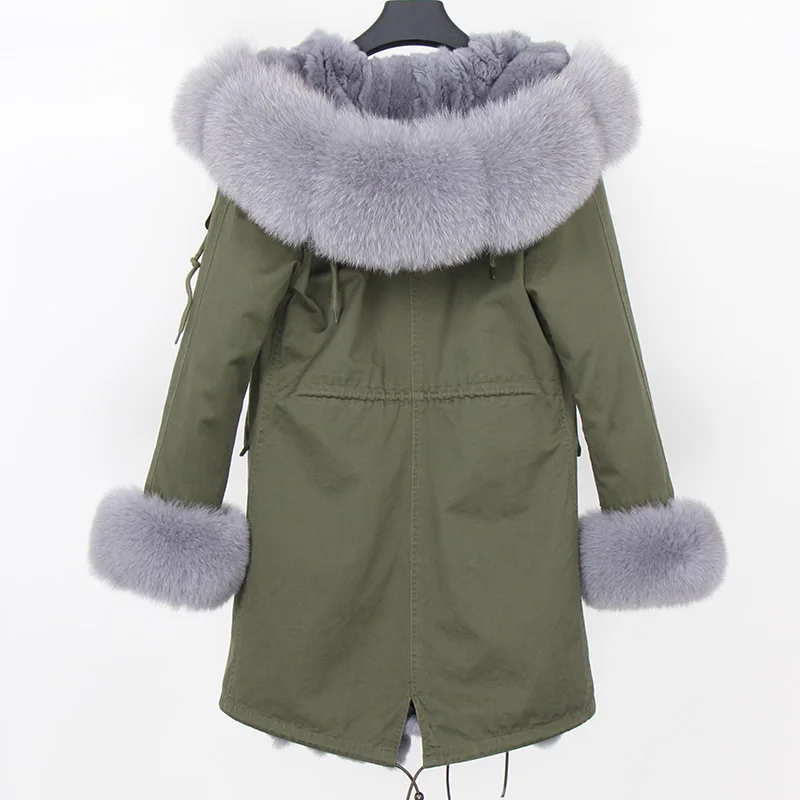 Женское пальто из натурального меха лисы, воротник в полоску с мехом кролика Рекс, армейская зеленая длинная парка, модная новая зимняя куртка