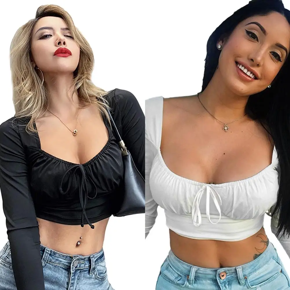 Women's Bow Tie Tie Crop Tops Square Neck Long Sleeve Short T-shirt Milk Silk Folds Straps Stitching Slim Tees Pullover Street 2