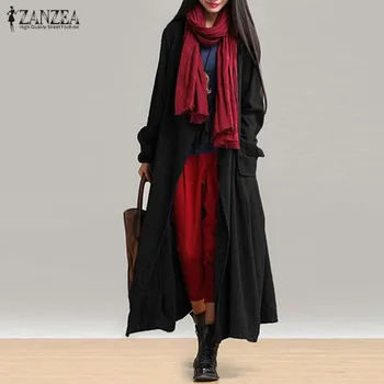 

2020 Autumn Open Front Long Jackets ZANZEA Women Long Sleeve Pockets Outwear Vintage Solid Lace Up Cotton Work OL Coats Cardigan