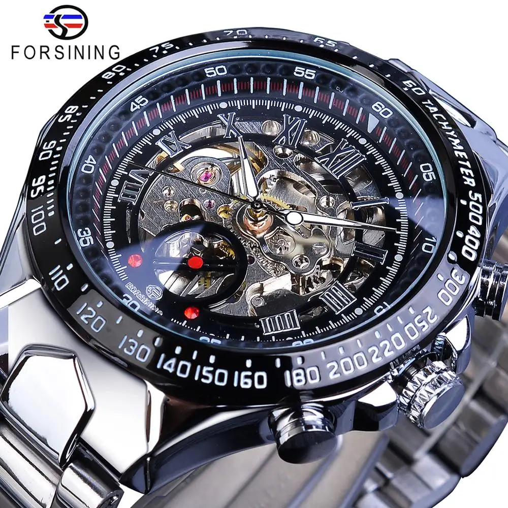 Best Forsining Transparent Case Open Work Silver Stainless Steel Mechanical Skeleton Sport Wrist Watch Men Top Brand Luxury Men Clock