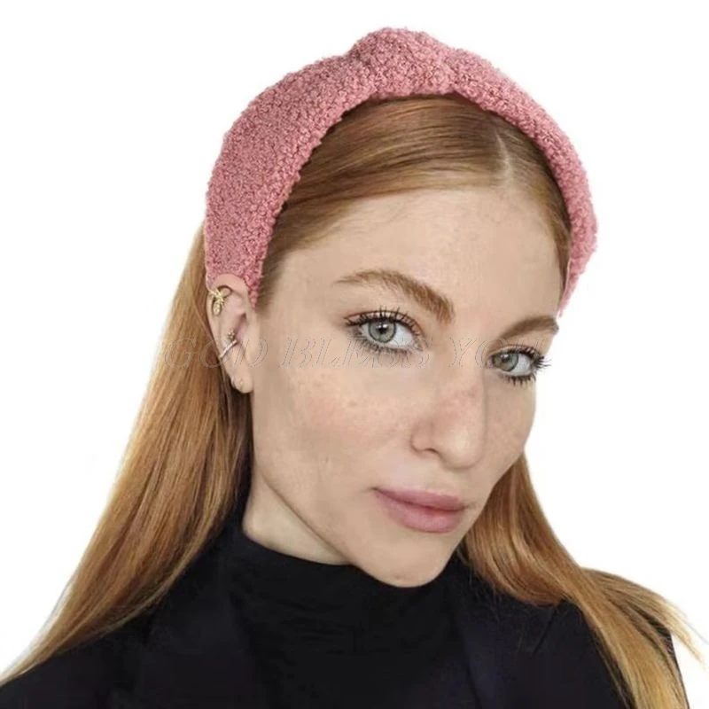 Women Winter Thick Fluffy Plush Headband Solid Color Twist Knot Wide Hair Hoop