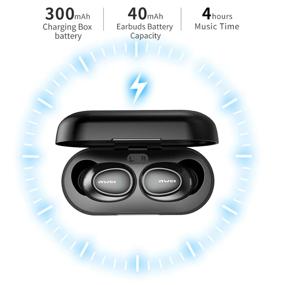 AWEI T16 TWS Ear buds Wireless Charging Earphones Auto Connect Bluetooth Headphone for Xiaomi Redmi Huawei iPhone