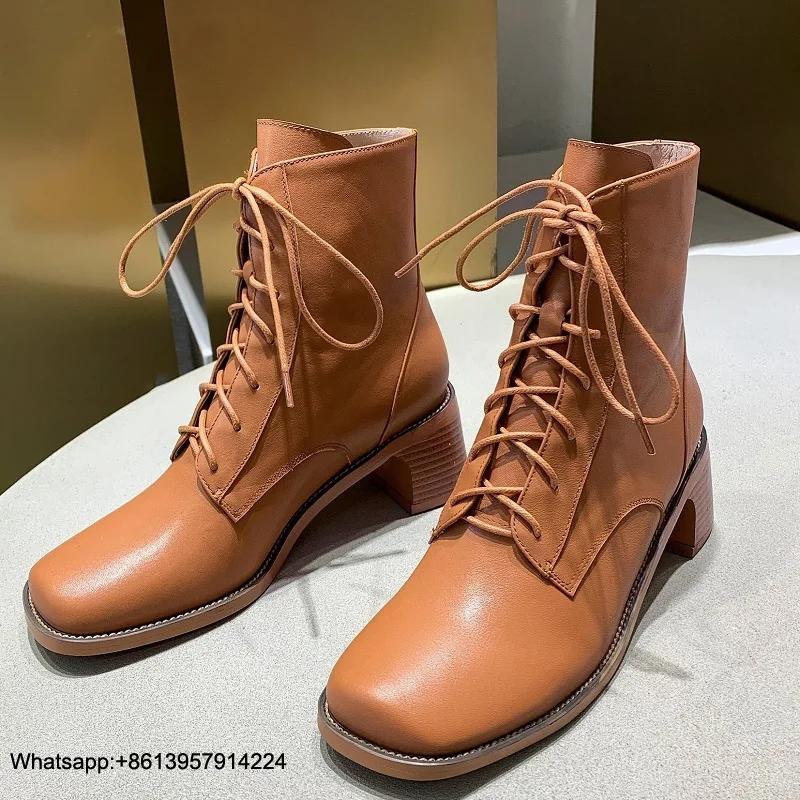 

2019 Boots Women Female Shoes Med Heel Ladies Boots Square Toe Chaussures Femme Lace Up Botas Mujer High Heel Botines Mujer