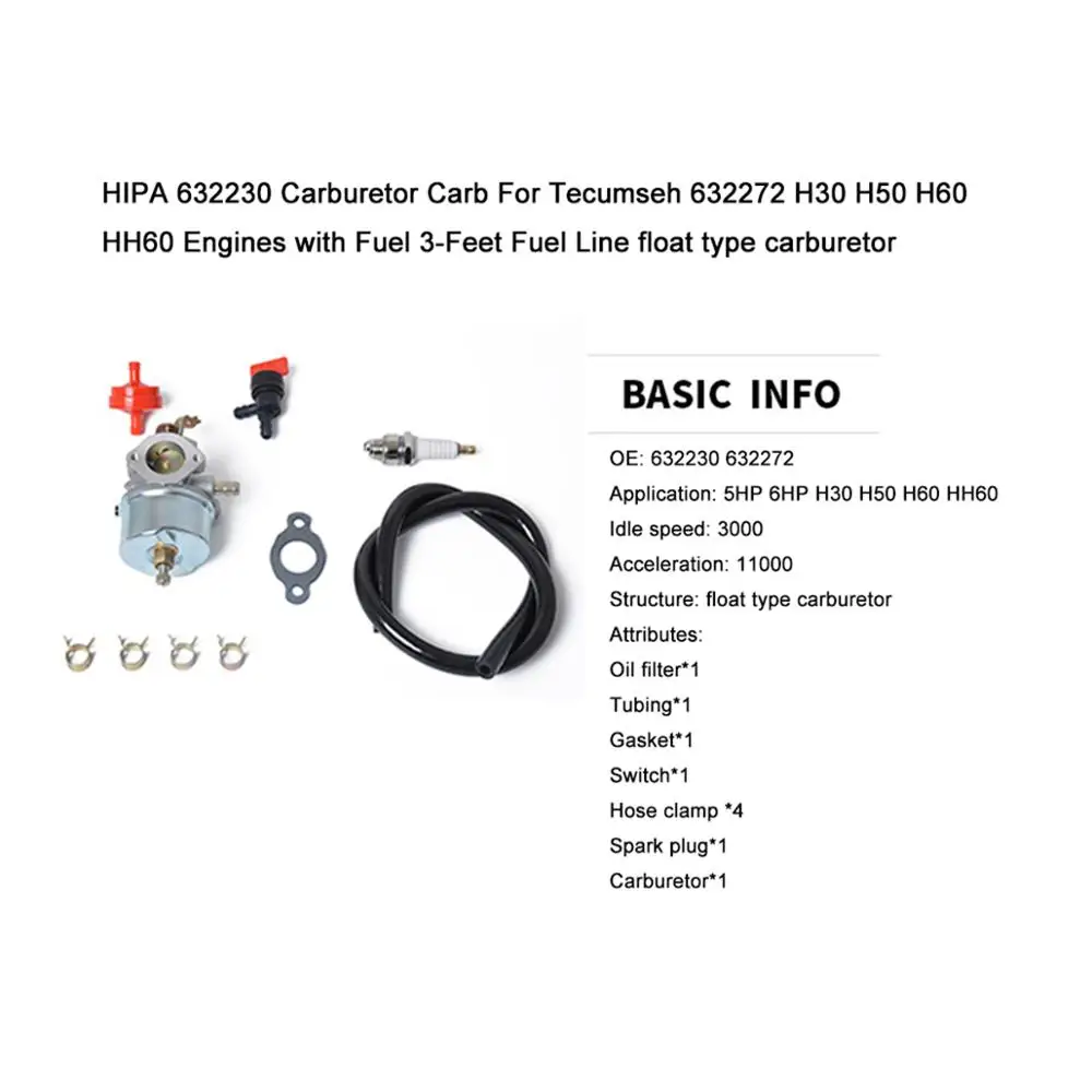 HIPA 632230 Карбюратор Carb для Tecumseh 632272 H30 H50 H60 HH60 двигатели с топливом 3 фута топливная линия тип поплавка карбюратор