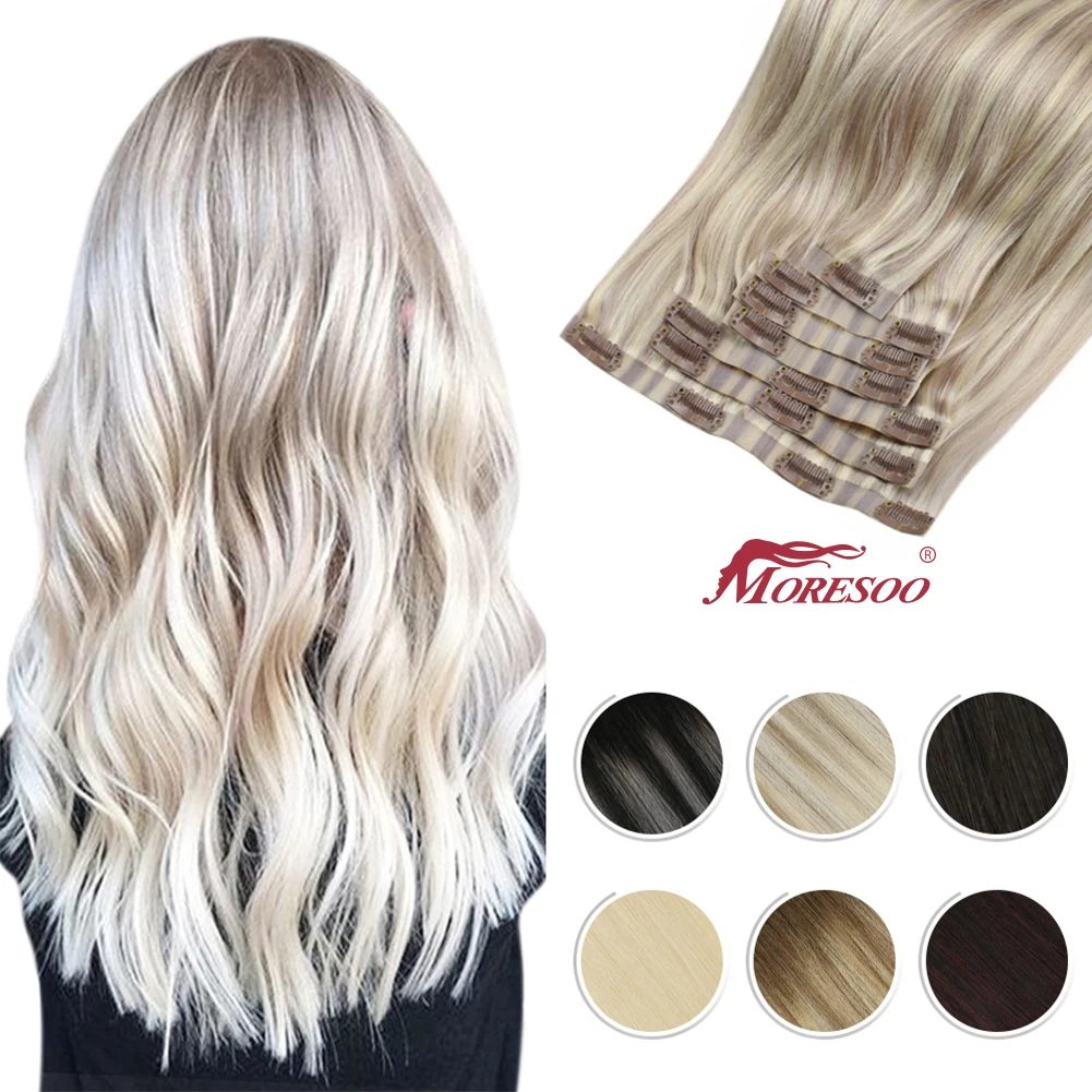 Moresoo Seamless PU Clip in Human Hair Extensions 14-22 inch Hair Straight Machine Remy Brazilian 7PC 100G Natural Invisible