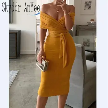 

Off Sloulder Sexy Yellow Party Dress Women Bodycon Slim Fit Elegant Summer Dresses 2020 Vestidos de verano Club Ladies Dress