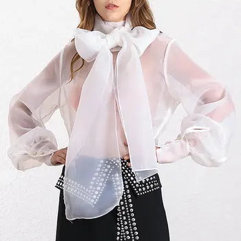 

Elegant Perspective Womens Tops And Blouses Lantern Sleeve Lace Up Plus Size Shirts Female 2020 Autumn Fashion New